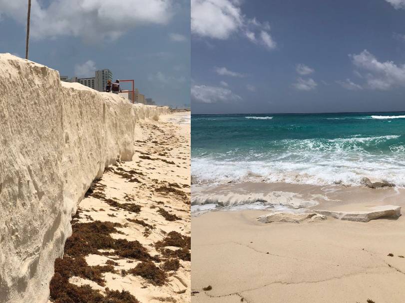 Erosión en playa Delfines, deja al descubierto estructuras de cemento