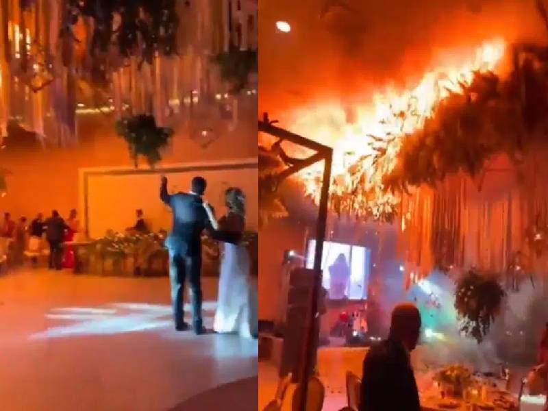 Video. ¡Se acabó la boda! Pirotecnia provoca incendio en un salón de fiestas