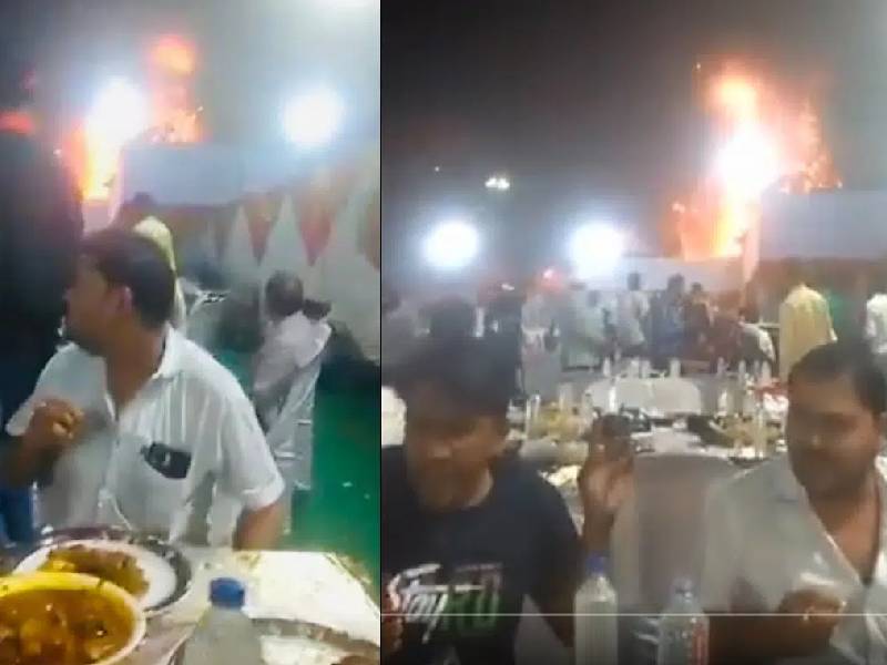Invitados permanecen comiendo durante incendio en una boda
