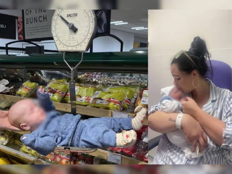 Una madre pesa a su bebé en el supermercado debido al cierre de clínicas
