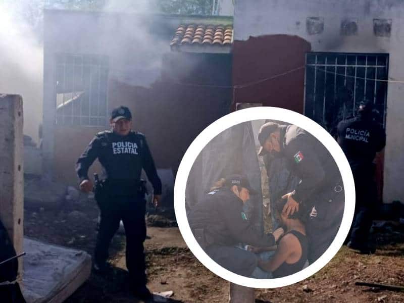 Elementos de la Policía de Kanasín rescatan a persona de predio que se incendiaba