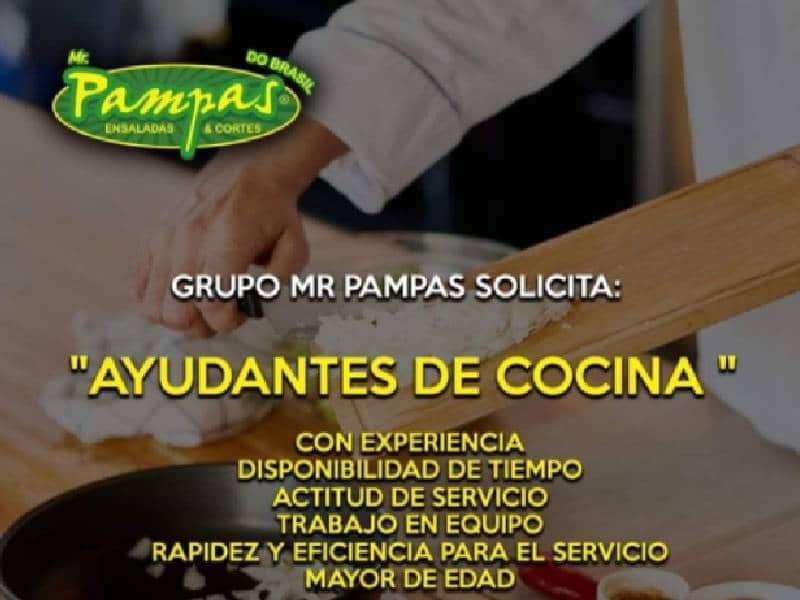 ¡Grupo Mr. Pampas solicita a ayudantes de cocina!