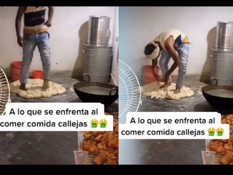 ¡Mmm…patas! Captan a vendedor preparando masa de pan con los pies