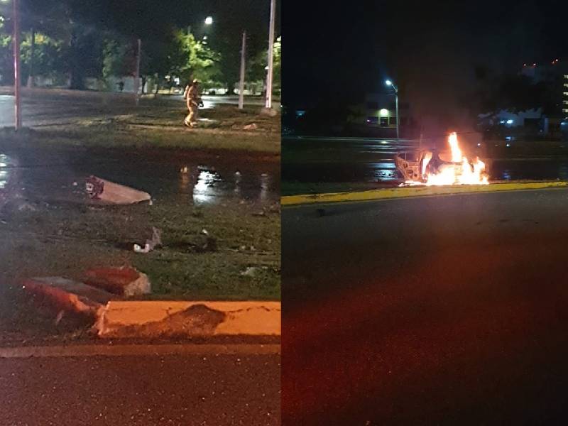 Dos heridos y auto consumido por el fuego tras derribar poste en bulevar Colosio