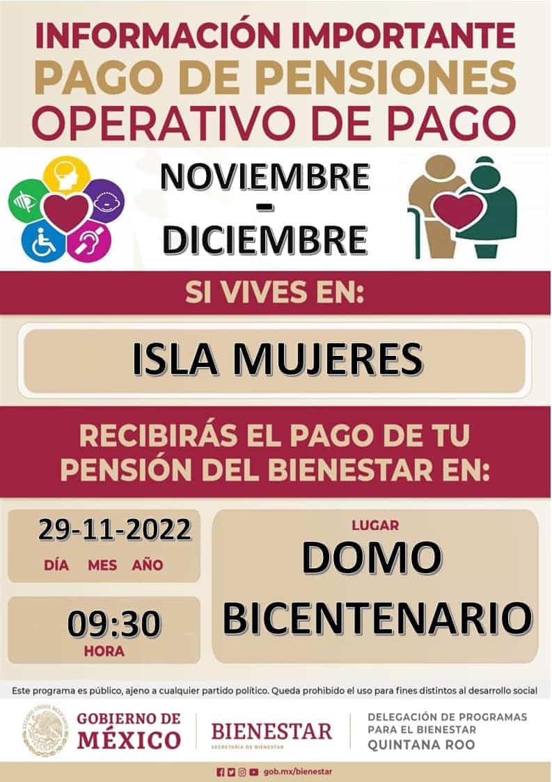 Fechas y horarios sobre pago de "Pensión del Bienestar" en Isla Mujeres 