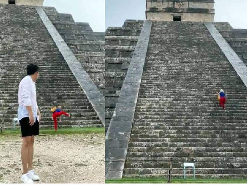 Turista que subió a pirámide con sanción de hasta 100 mil pesos