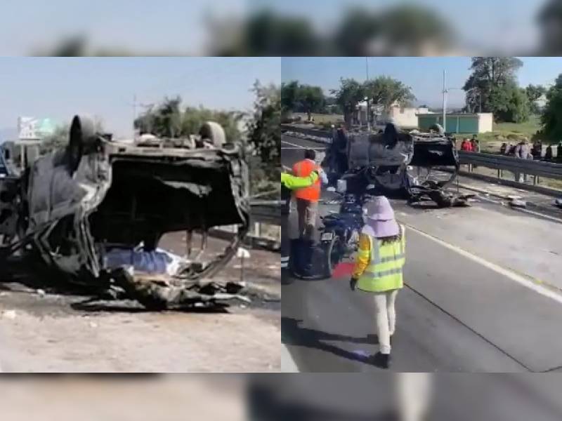 Vagoneta vuelca y se incendia en la México-Puebla, en San Lucas El Grande