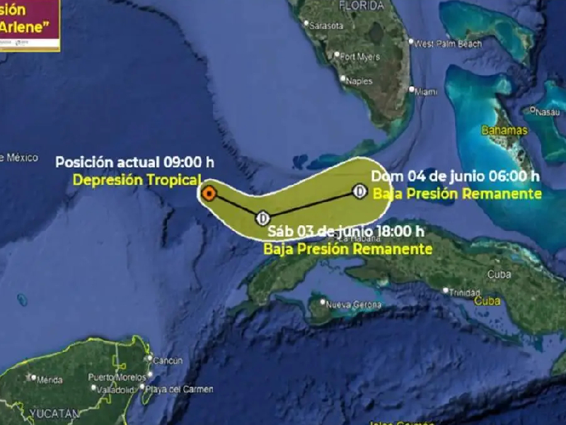 ‘Arlene’ se degrada a Depresión Tropical; se localiza al noreste de Quintana Roo