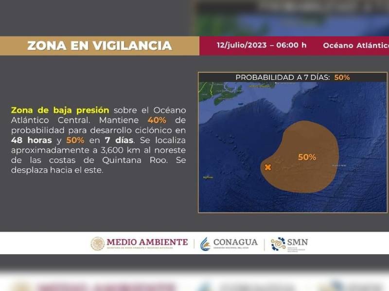 Baja presión se localiza a 3,600 km al noroeste de Quintana Roo