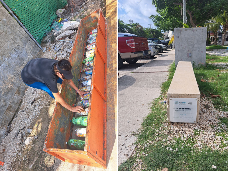 Cancunenses convierten basura en ladrillos para crear “ecobancas”