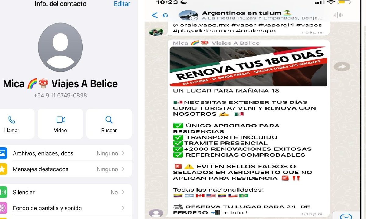 Presunta promoción vía WhatsApp para viajes a Belice para la renovación de visas.