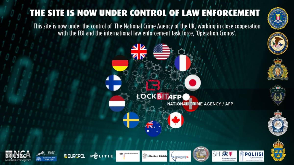 Una imagen publicada por la Agencia Nacional contra el Crimen de Gran Bretaña (NCA) en Londres el 20 de febrero de 2024 muestra una captura de pantalla del sitio incautado del grupo de delitos cibernéticos 'LockBit'.
