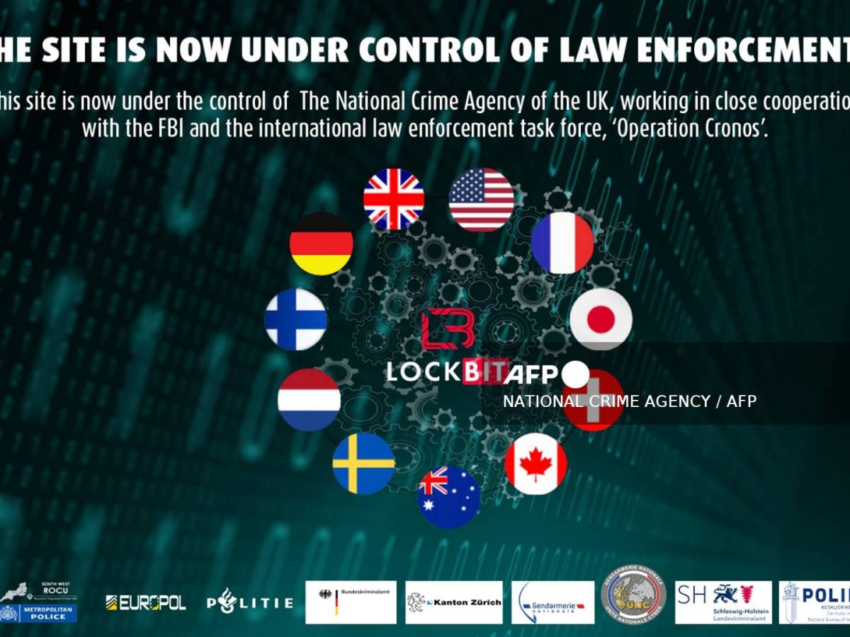 Una imagen publicada por la Agencia Nacional contra el Crimen de Gran Bretaña (NCA) en Londres el 20 de febrero de 2024 muestra una captura de pantalla del sitio incautado del grupo de delitos cibernéticos 'LockBit'.