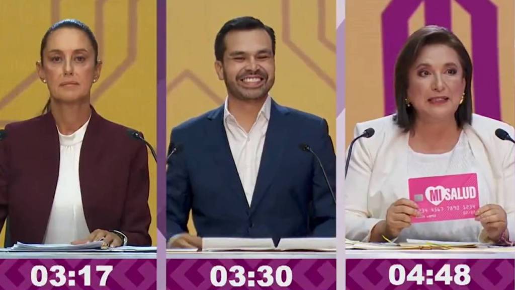 Los candidatos presidenciales Claudia Sheinbaum, Jorge Máynez y Xóchitl Gálvez, durante el debate.