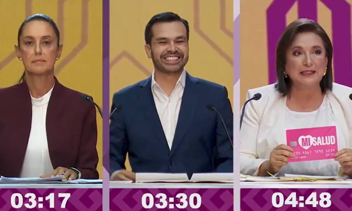 Los candidatos presidenciales Claudia Sheinbaum, Jorge Máynez y Xóchitl Gálvez, durante el debate.