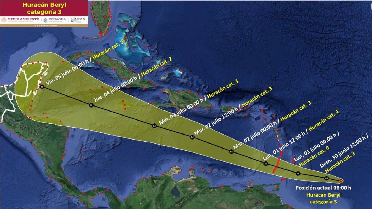 Huracán Beryl Esta es la posible trayectoria y su intensidad