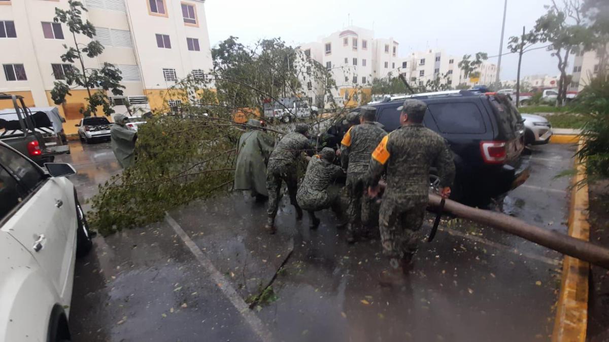 Elementos del Ejército retiran un árbol de la vía pública.