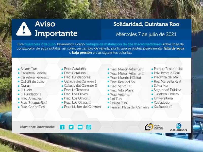 Anuncia Aguakan que trabajos afectará a 44 colonias de Playa del Carmen
