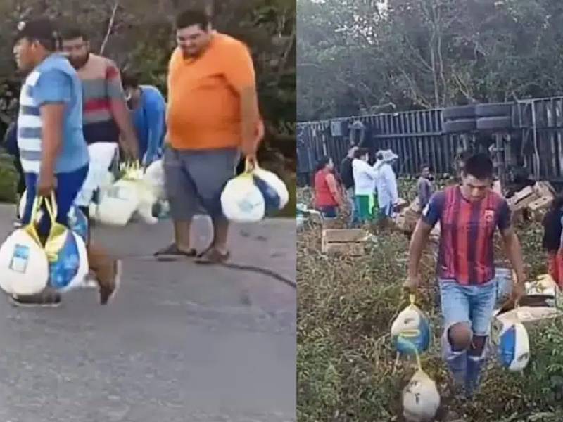 Video: Rapiña navideña; se vuelca tráiler de pavos y se los llevan para la cena