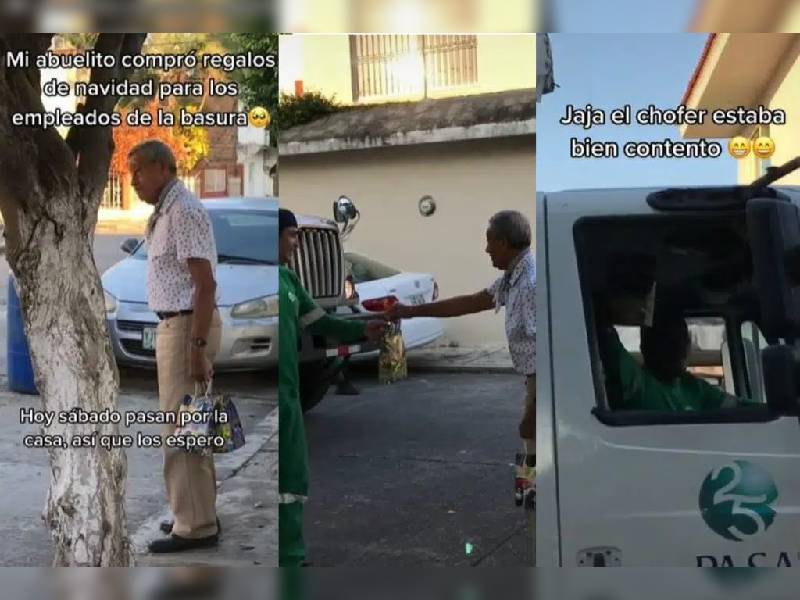 Vide. Abuelito entrega regalos de Navidad a recolectores de basura