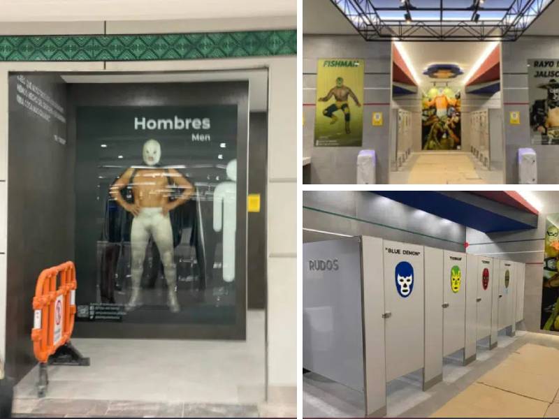 Fotos: ¡Parece cantina!; comparten fotos de los baños temáticos del AIFA