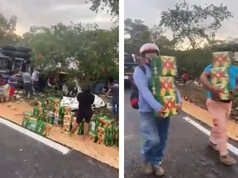 Comenten rapiña tras voltearse camión cervecero
