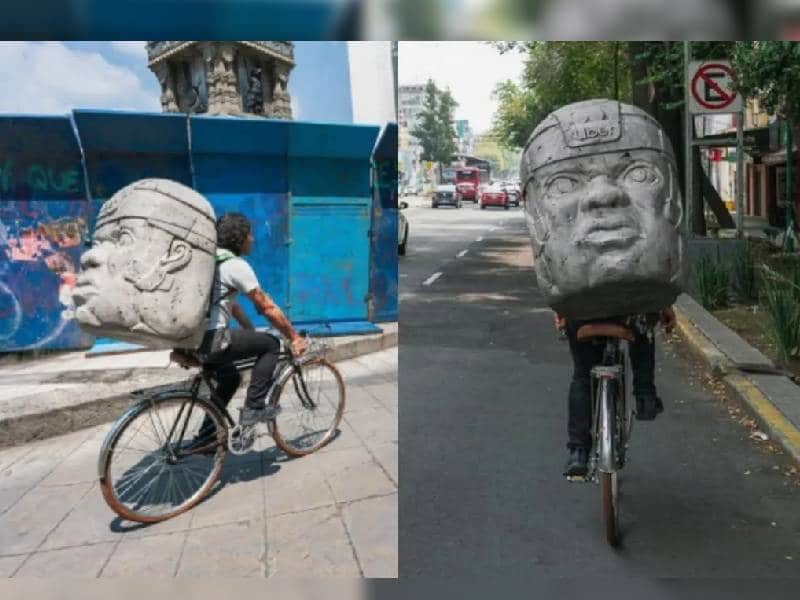 ¡México mágico!: Repartidor causa furor con mochila de Cabeza Olmeca