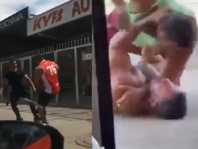Captan a par de hombres fortachones salir de gimnasio para pelear
