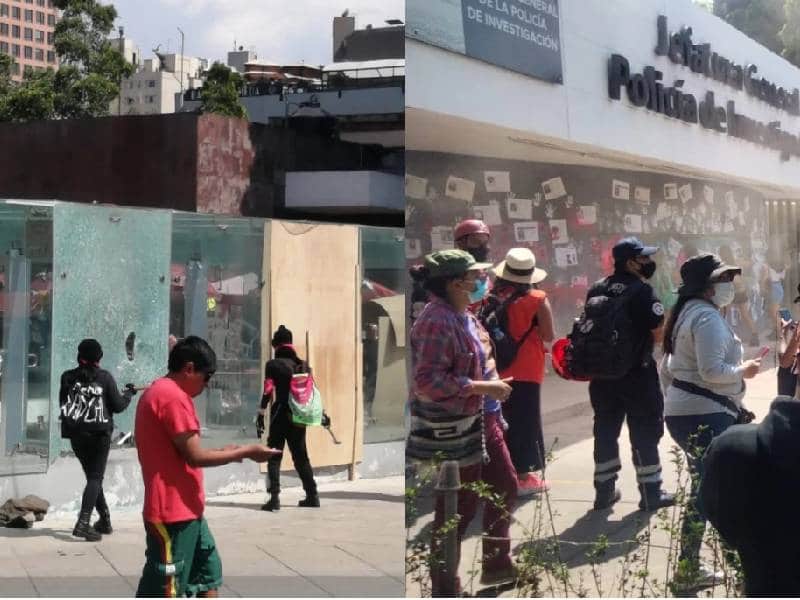 Feministas causan destrozos en la instalaciones de la Policía de Investigación
