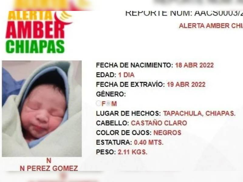 Activan Alerta ámber por recien nacido sustraído