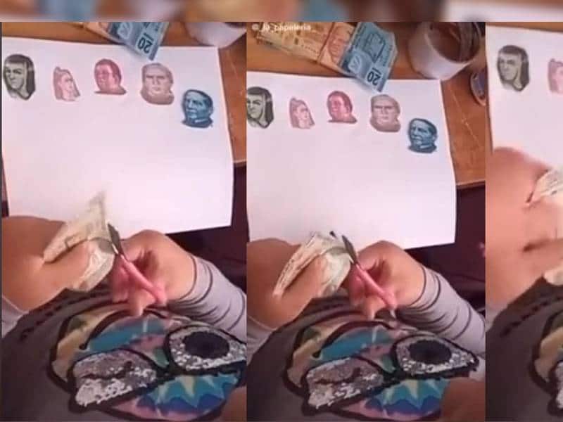 ¡Carísimo! Niña recorta varios billetes para ilustrar su tarea