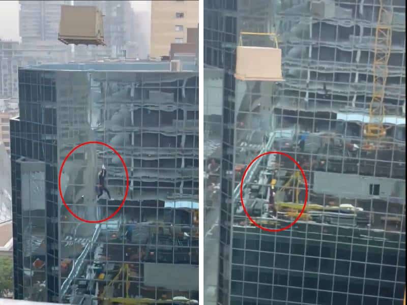 ¡Aterrador! hombre queda colgando de grúa a cientos de metros del suelo