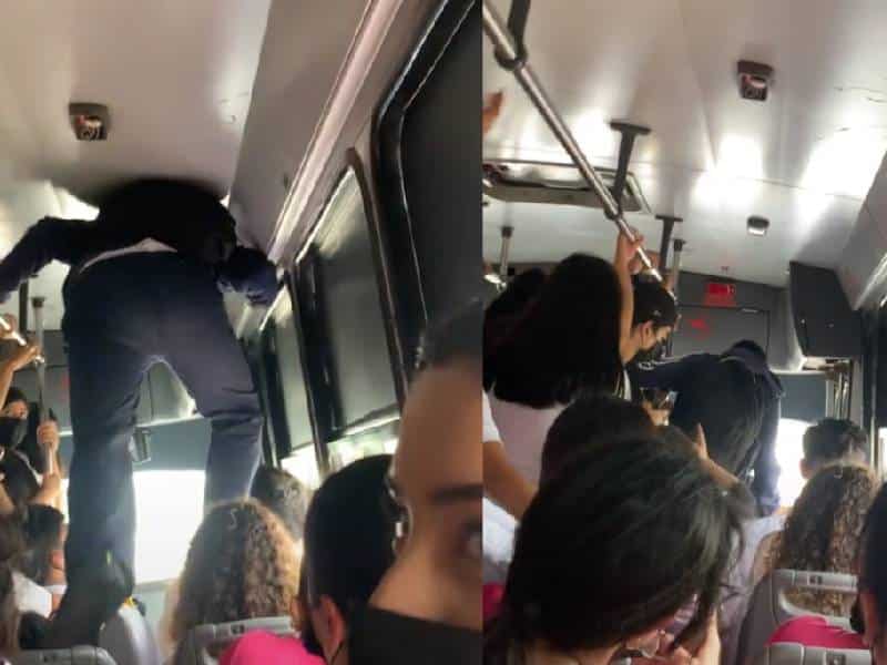 ¡¡Bajan!! Hombre camina sobre respaldo de asientos para descender de microbús