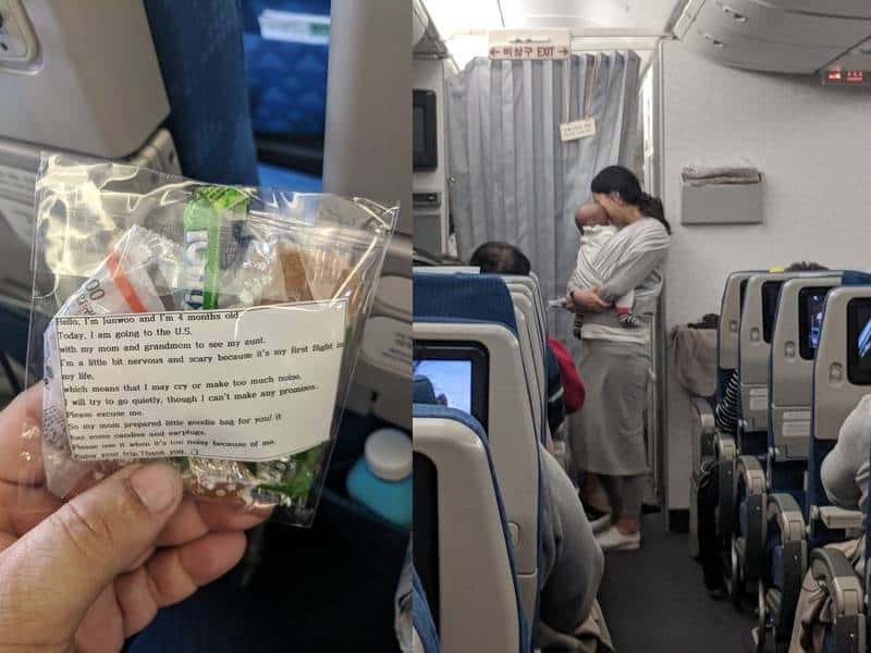 Madre reparte obsequios a pasajeros en un vuelo. Aquí la razón