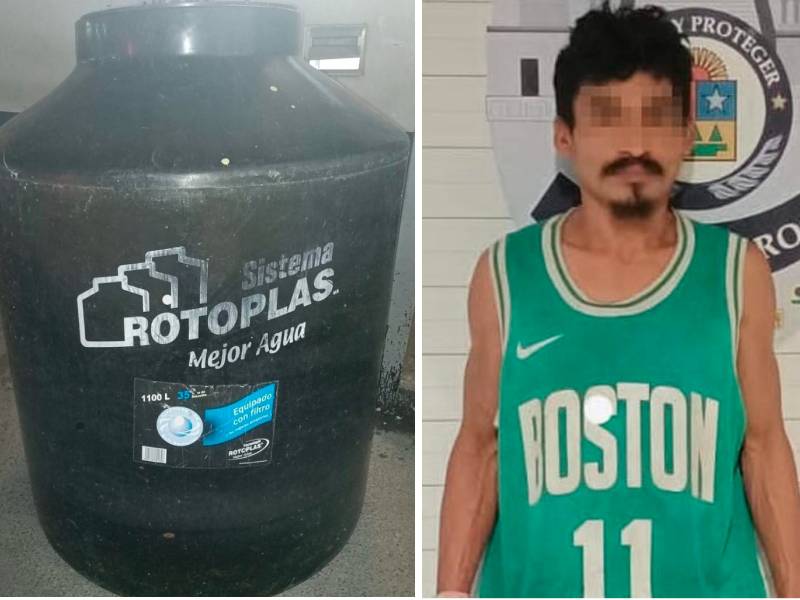 Sorprendido cuando robaba un tinaco de un jardín de niños
