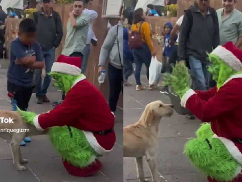 Sujeto disfrazado de Grinch se enoja con niño que le pide una foto