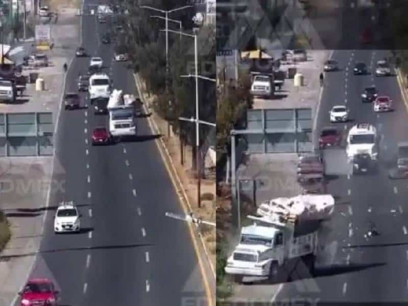 Video. Captan a hombres “volar” de camión de basura tras choque en Edomex