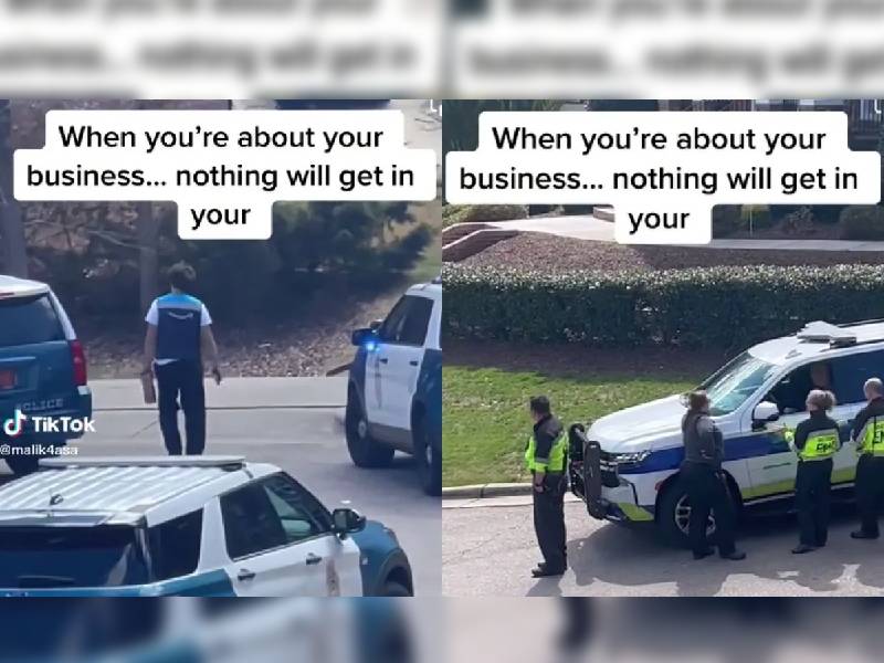 Video. Repartidor cruza la calle durante un operativo policiaco para entregar paquete