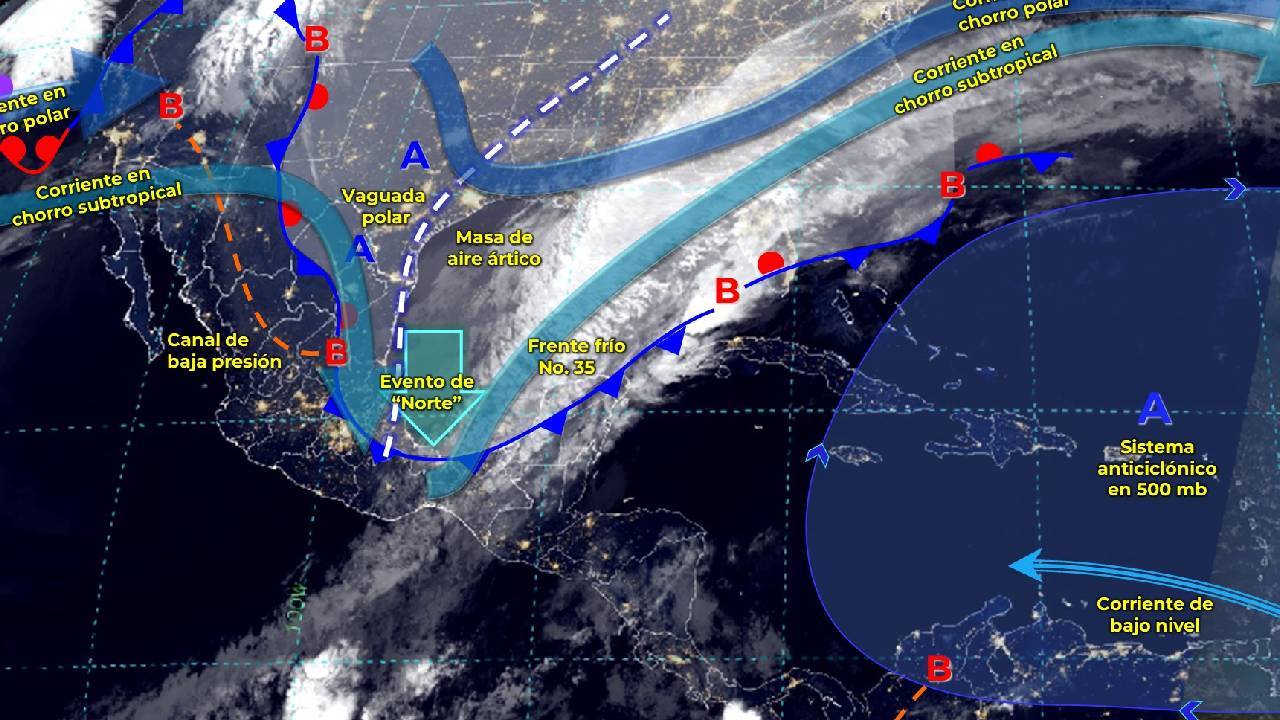 El desplazamiento del Frente Frío 35 mantendrá cielo mayormente nublado durante, lluvias y actividad eléctrica.