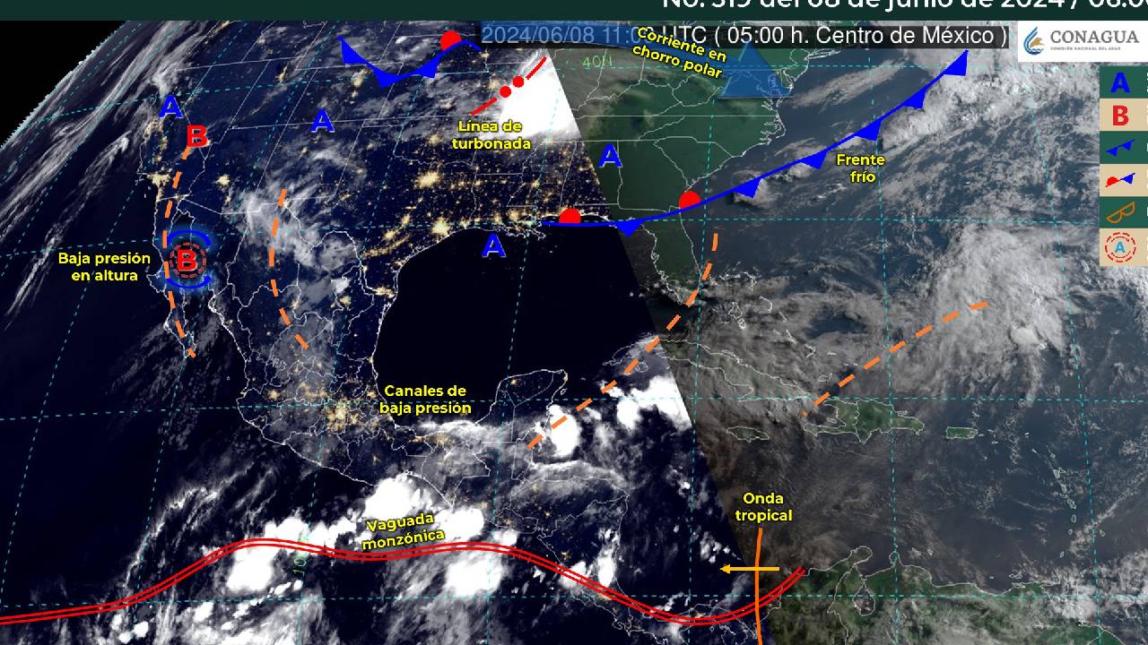 Gráfico de los sistemas y condiciones meteorológicas en la región.