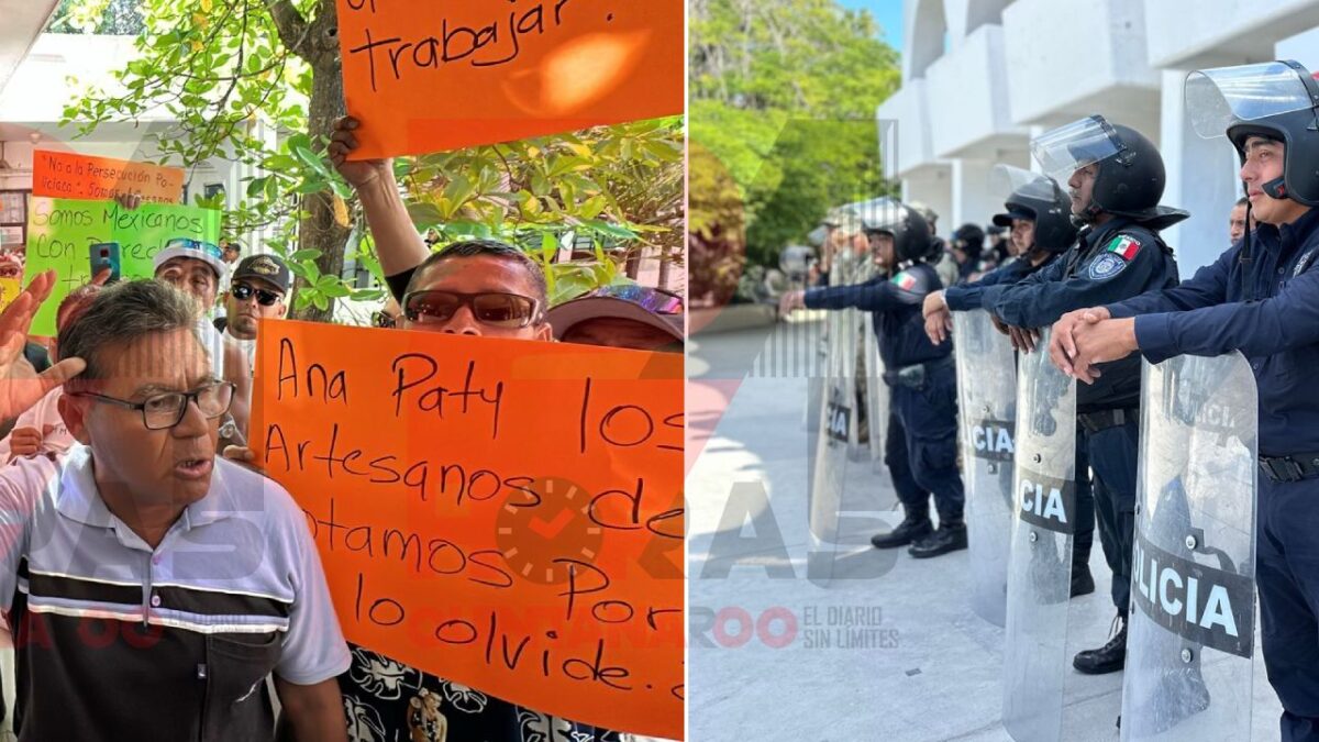 Operativo en palacio municipal ante protesta de artesanos de playas de Cancún.