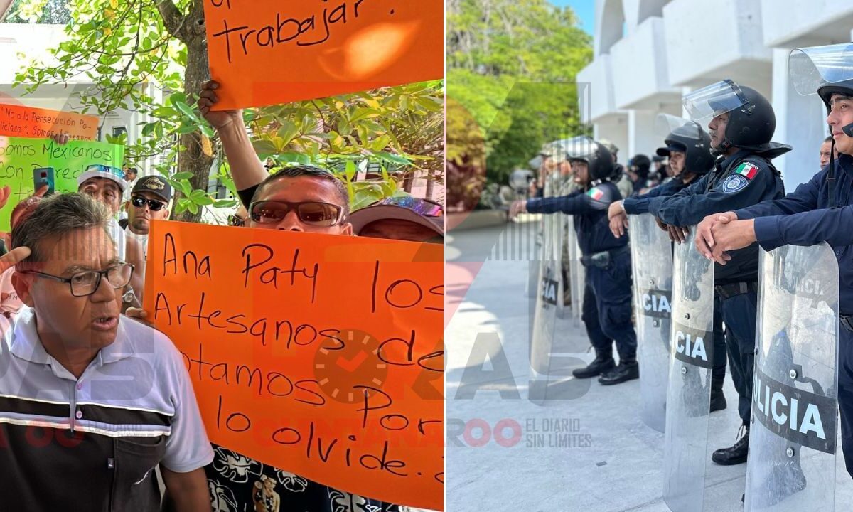 Operativo en palacio municipal ante protesta de artesanos de playas de Cancún.