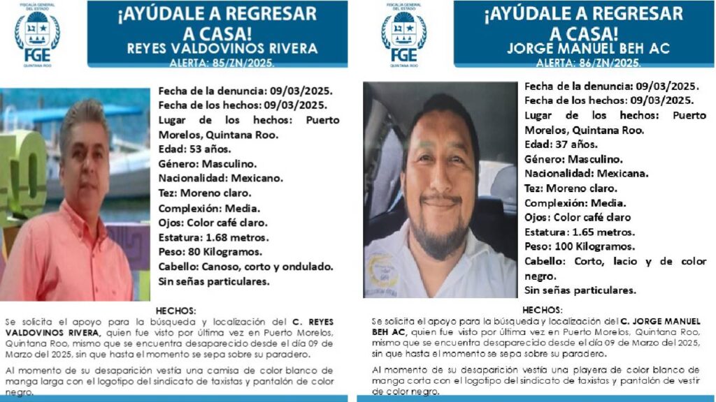 Sigue la búsqueda de 2 taxistas en Puerto Morelos.
