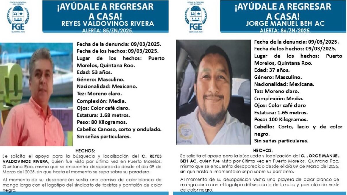 Sigue la búsqueda de 2 taxistas en Puerto Morelos.
