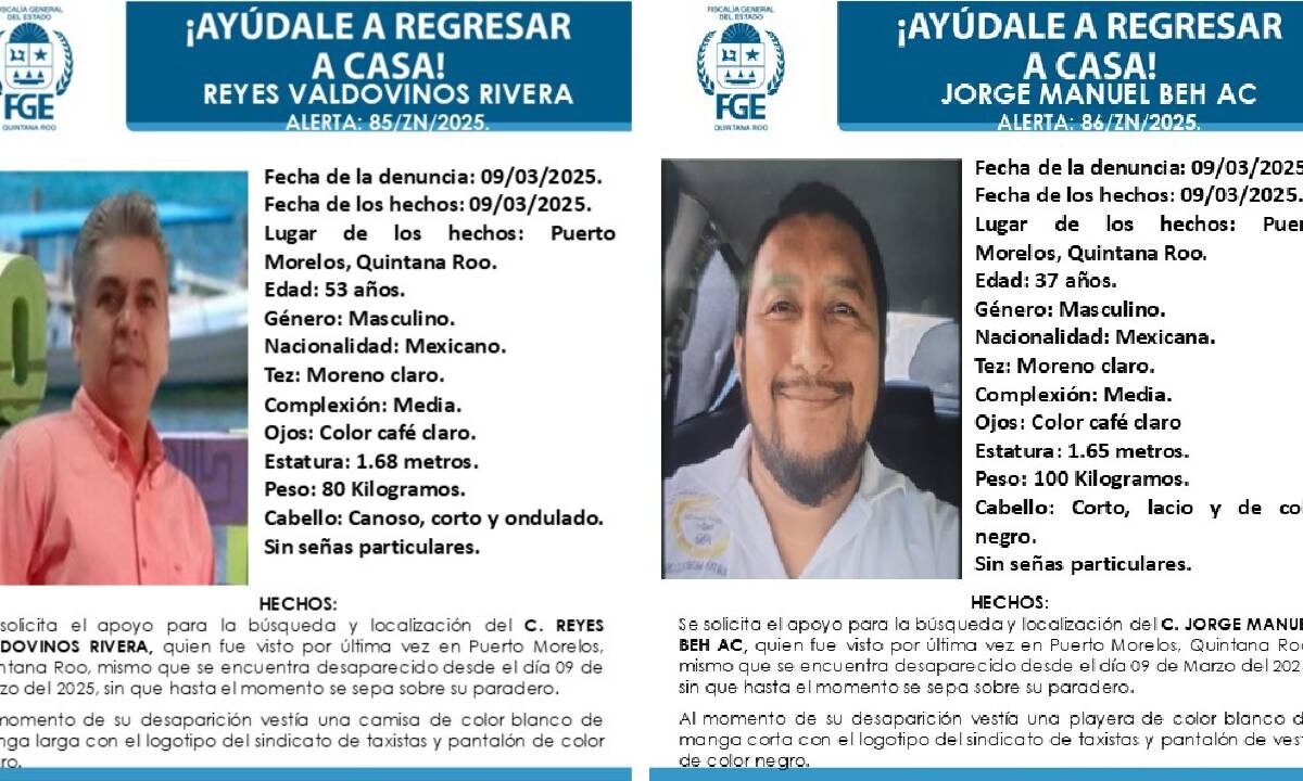Sigue la búsqueda de 2 taxistas en Puerto Morelos.
