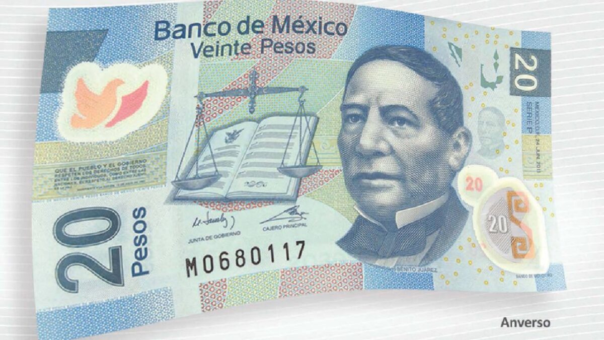 Billete de 20 pesos mexicanos.