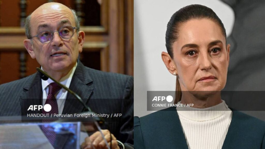 El canciller peruano, Hugo de Zela, y la presidenta de México, Claudia Sheinbaum.