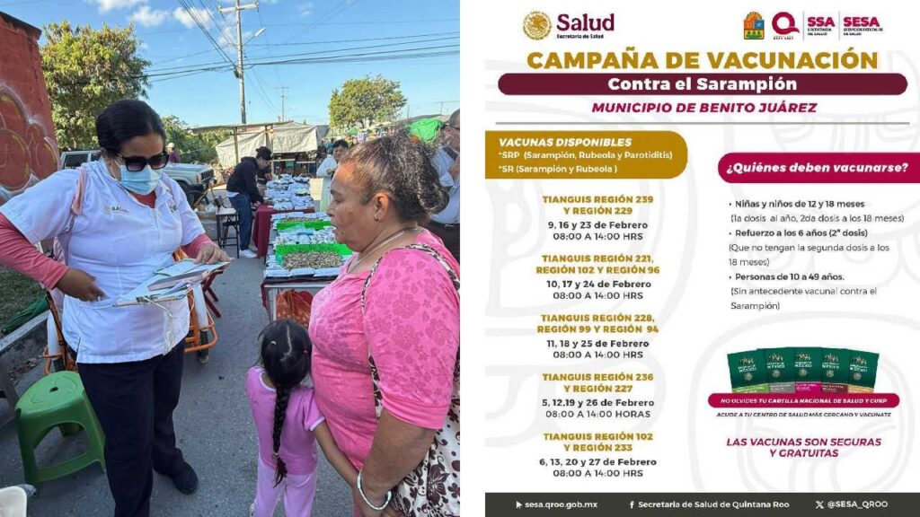 Tianguistas de Cancún promueven la vacunación contra el sarampión.