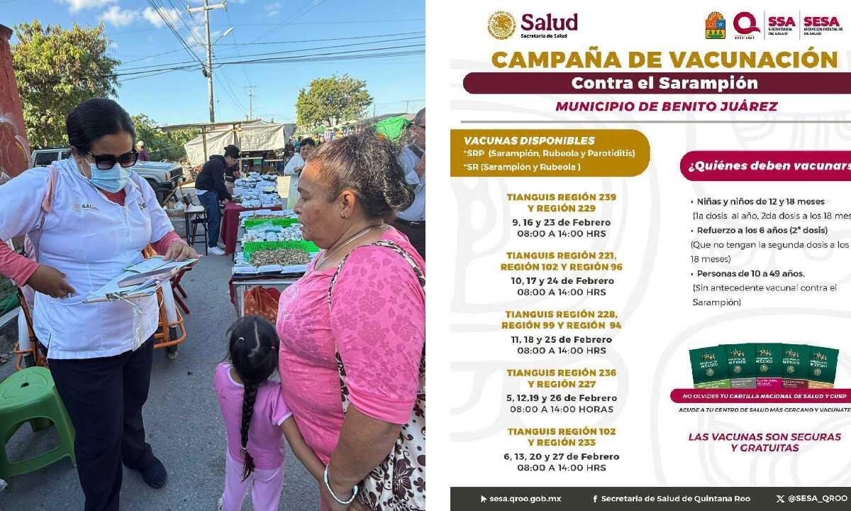 Tianguistas de Cancún promueven la vacunación contra el sarampión.