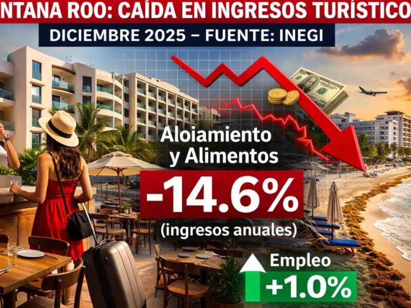 Quintana Roo registra caída de 14.6% en ingresos por alojamiento y alimentos en diciembre: Inegi